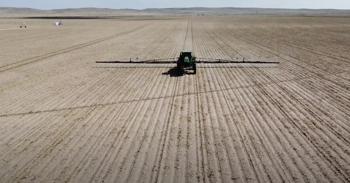 An overhead shot of a Sprayer on the Test Farm for 21st Century Equipment